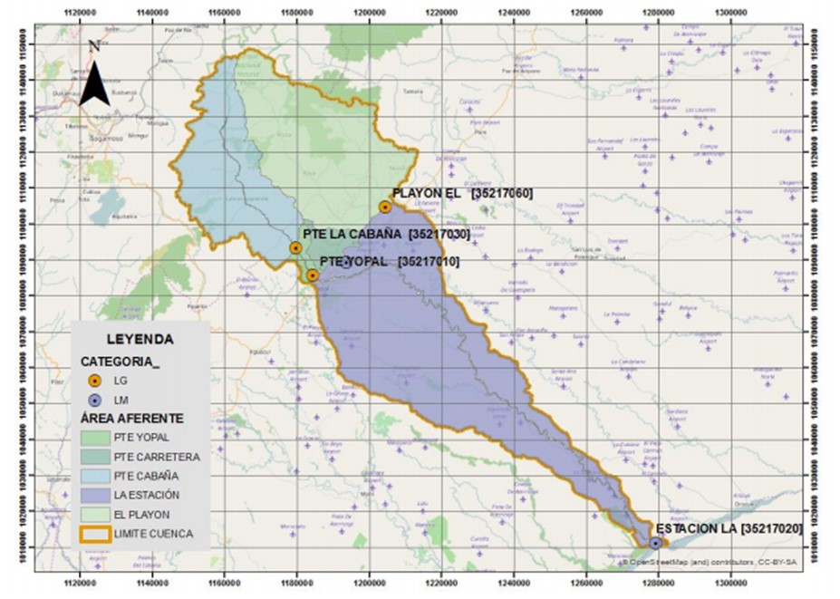 Modelo digital
de la Cuenca del Río Cravo Sur y localización de estaciones de caudales