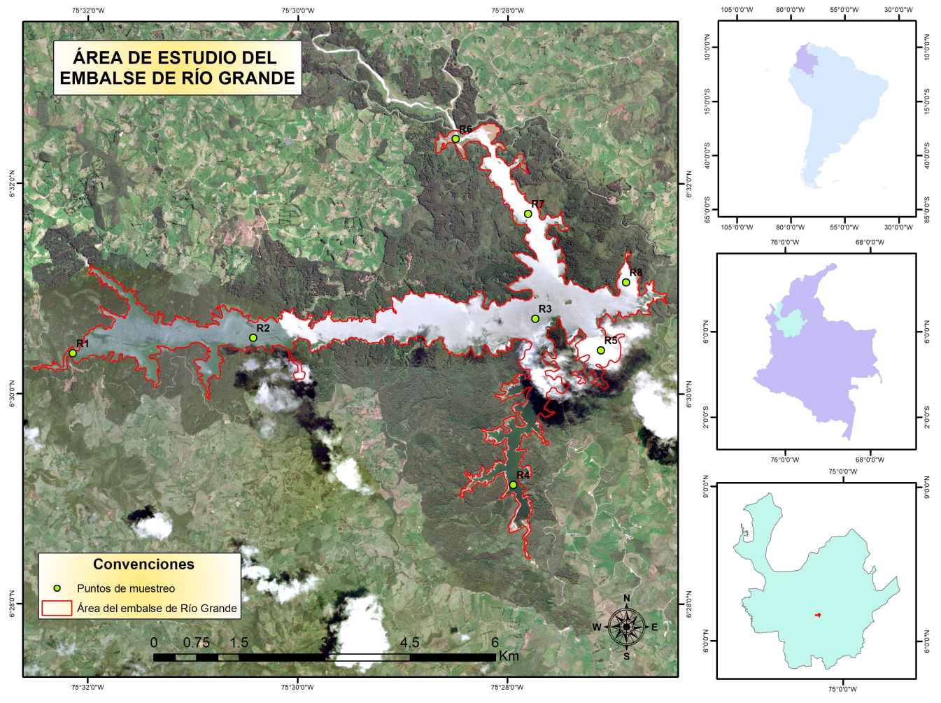 Ubicación del embalse de Riogrande II en Antioquia,
Colombia y ubicación de los puntos de control para muestreos.