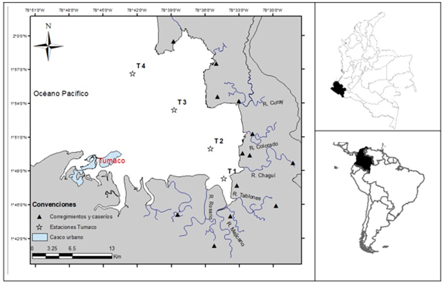 Bahía de Tumaco: área de
estudio y muestreo. La convención de estrellas representa los sitios de
muestreo, T1 y T2 pertenecen al área interna y T3 y T4 al área externa de la
bahía.