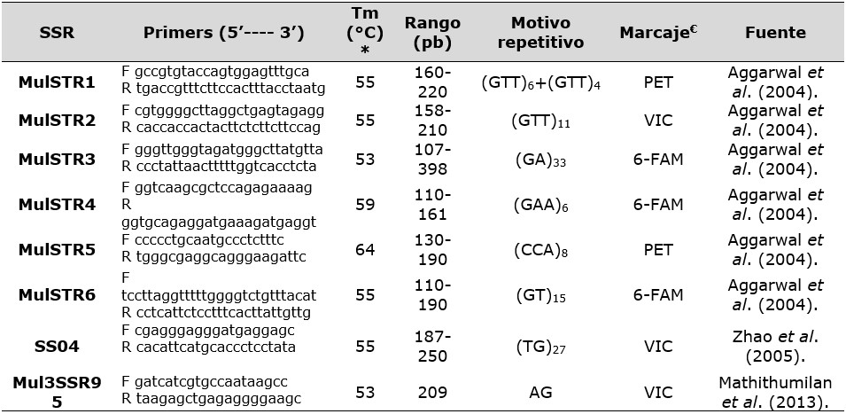 Microsatélites
(SSR) usados para evaluar la diversidad genética en la colección de Morus spp.