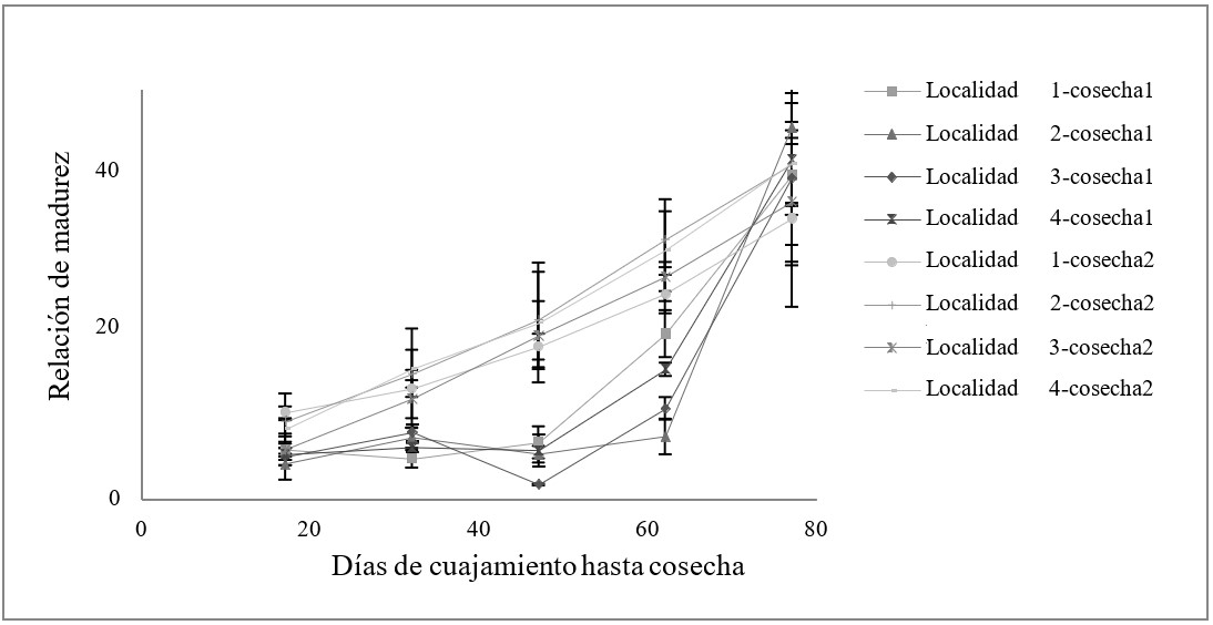 Variación
de la relación de madurez (RM) desde cuajamiento hasta cosecha del fruto de
ciruela variedad Horvin para las cuatro localidades,
las barras representan la desviación estándar. 