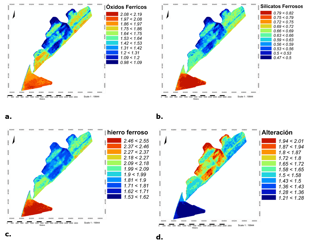 Salidas gráficas de los Índices calculados: a. óxidos férricos (11/8), b. silicatos ferrosos (12/11), c. hierro ferroso (12/8 + 3/4), d. alteración (11/12)