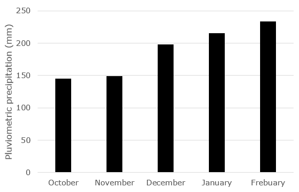 Monthly values of the accumulated pluviometric precipitation during the experimental period
from October 2021 to February 2022