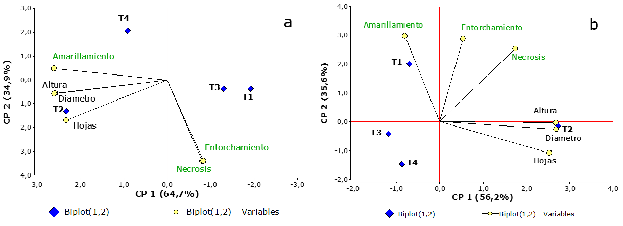 Gr&aacute;fico correlaci&oacute;n entre tratamientos y entre variables de respuesta en S. muricatum (izquierda) y C. pubescens (derecha)