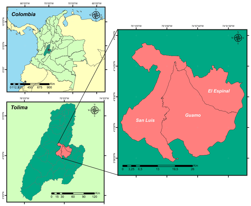 Localidades de estudio, ubicados en el centro del Tolima, Colombia