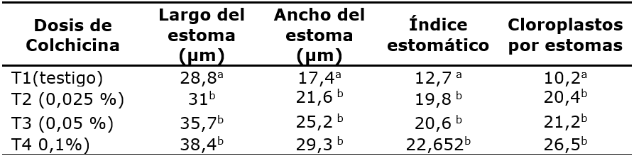 Caracter&iacute;sticas estom&aacute;ticas. &Iacute;ndice estom&aacute;tico, largo, ancho y n&uacute;mero de cloroplastos por estomas sometidas con colchicina