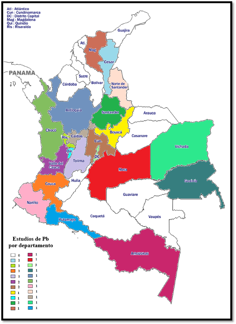 Casos por departamento contaminaci&oacute;n por plomo en alimentos. Muestra los casos analizados para determinar las zonas afectadas del pa&iacute;s por plomo en alimentos