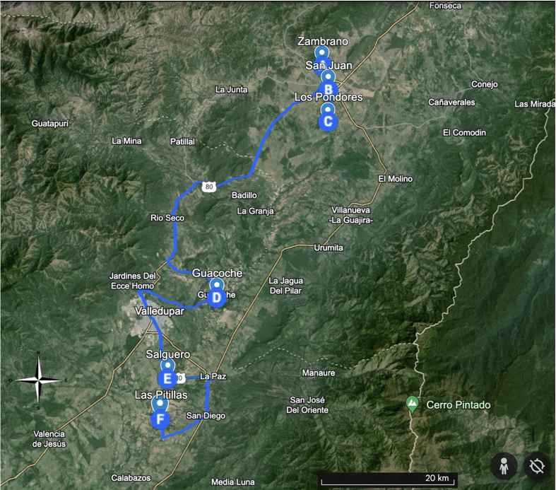 Mapa de los sitios de muestreo estudiados del r&iacute;o Cesar