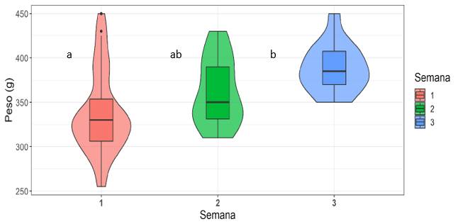 Peso de la tilapia roja (Oreochromis sp.) entre los 6 y 8 meses de edad durante las tres semanas de evaluación