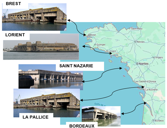 Ubicaci&oacute;n geogr&aacute;fica de las cinco bases submarinas construidas por la Organizaci&oacute;n Todt en la costa atl&aacute;ntica francesa