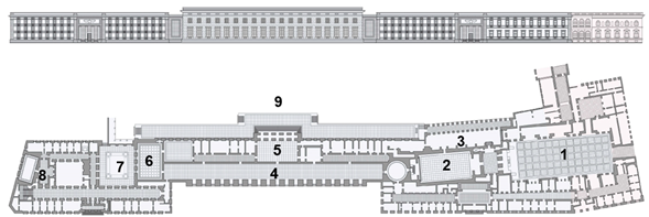 Fachada sobre la calle Voss Strasse y planta arquitect&oacute;nica de la Nueva Canciller&iacute;a del Reich proyecto dise&ntilde;ado y construido por Speer (1938-39