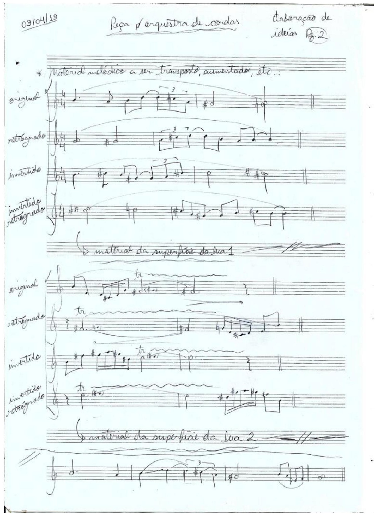 Fig. 9: Variações básicas da linha melódica criada (que aqui é dividida em duas frases). Na parte inferior da figura, um rascunho de possível variação do material melódico original.