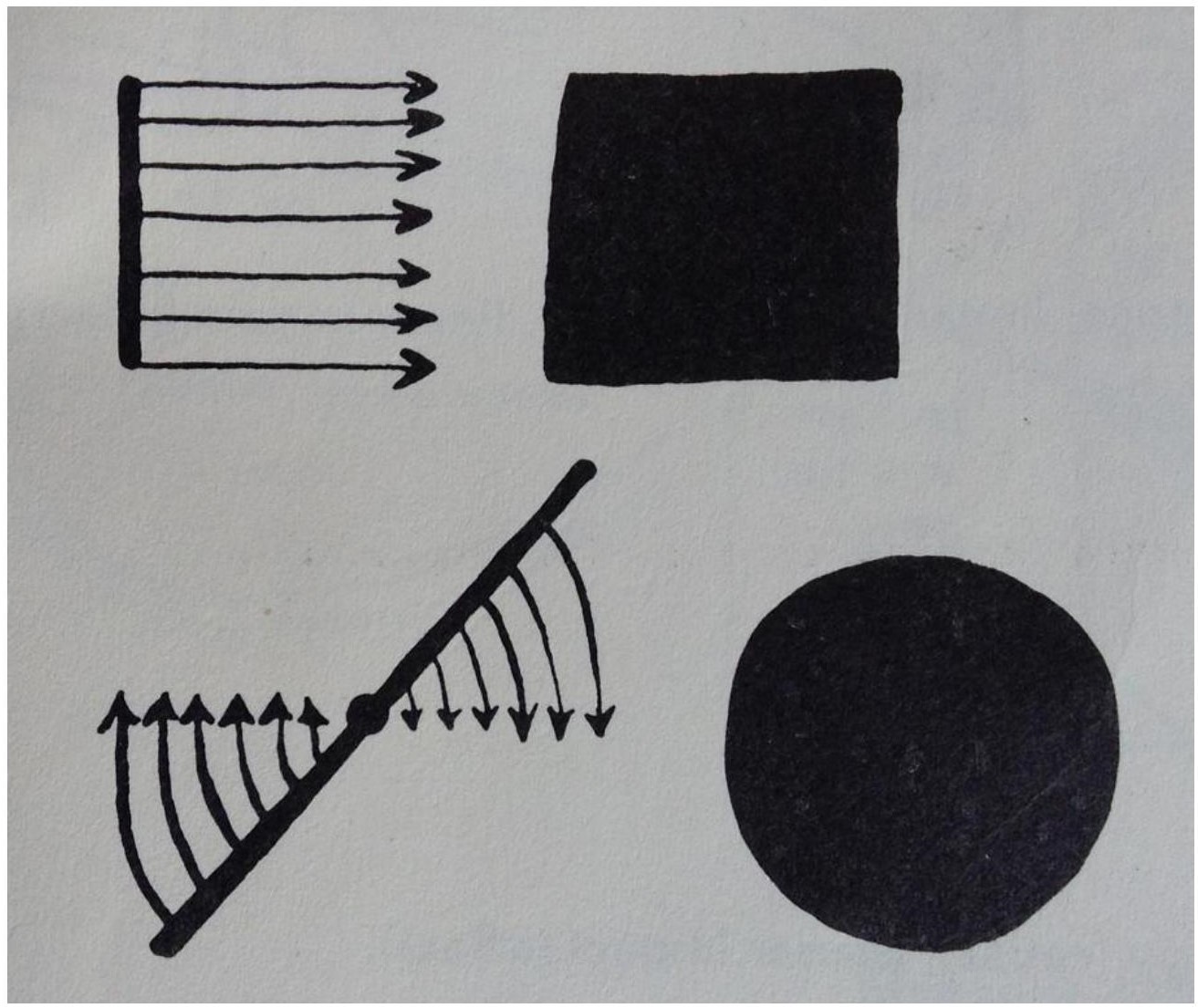 Fig. 2: A movimentação das linhas num dado sentido, nestes casos num deslocamento em linha reta (parte superior) e sobre um eixo central estático (parte inferior), é que faz com que um quadrado e um círculo se formem. 