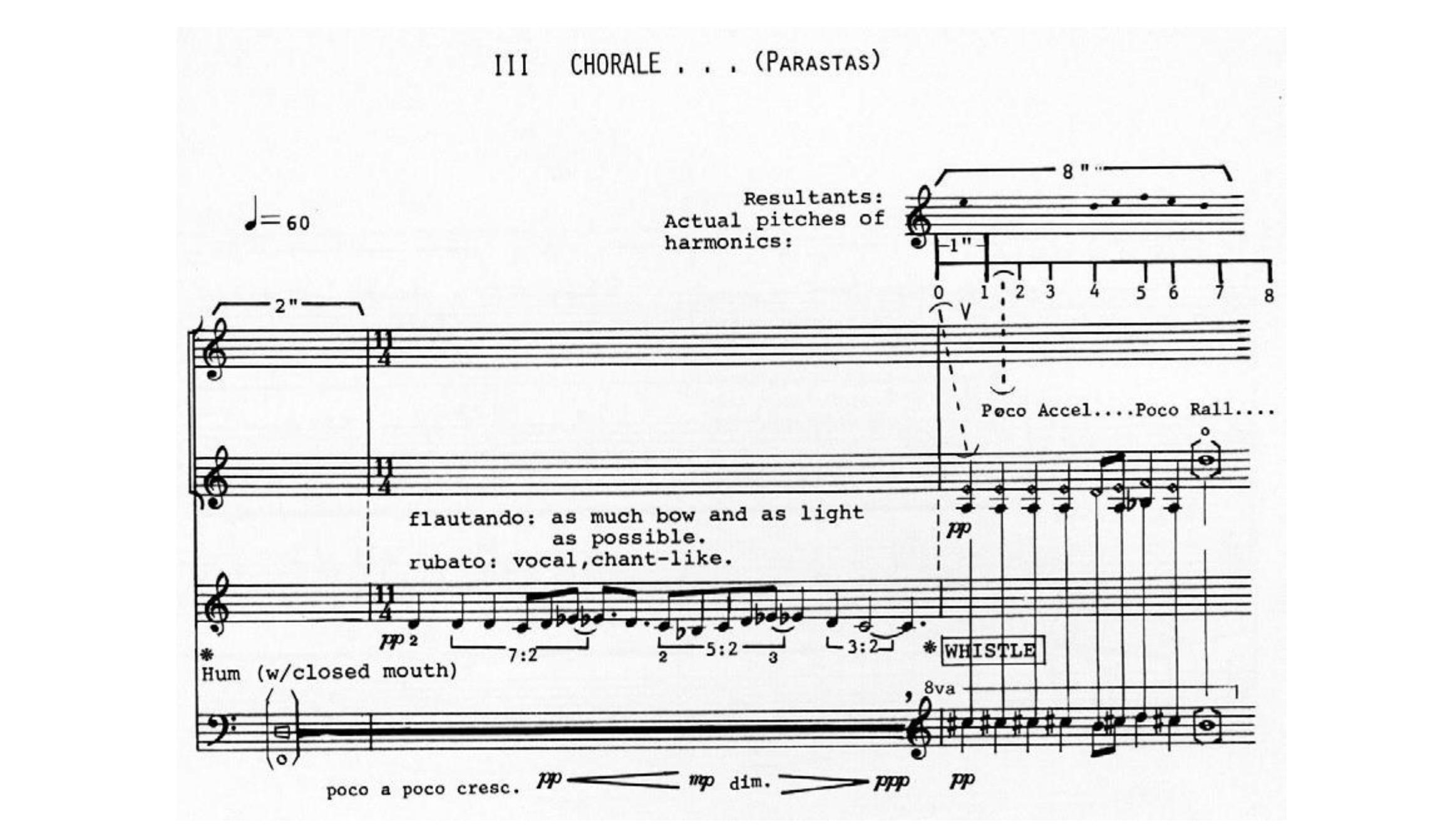 Fig. 16: Partitura do terceiro estudo de
Baley (1982), incluindo efeitos vocais nos compassos 1-2 e assobio no terceiro. 