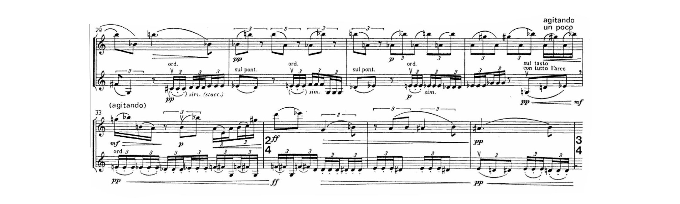 Fig. 17: Trecho do dueto nº 30 (Massimo), onde se pode- observar o uso das técnicas sul ponticello 

e sul tasto na parte de segundo violino.