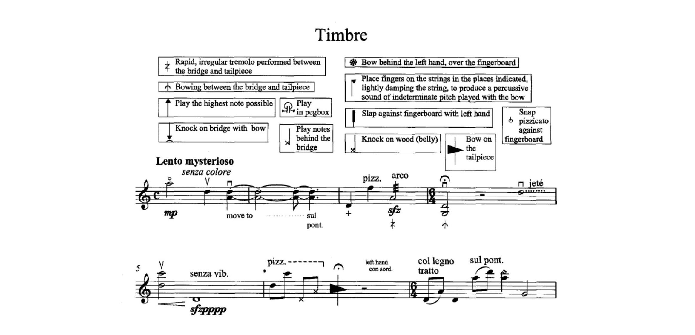 Fig. 4: Capricho intitulado Timbre, contendo uma diversidade de técnicas estendidas com uma breve bula para esclarecer a notação utilizada.
