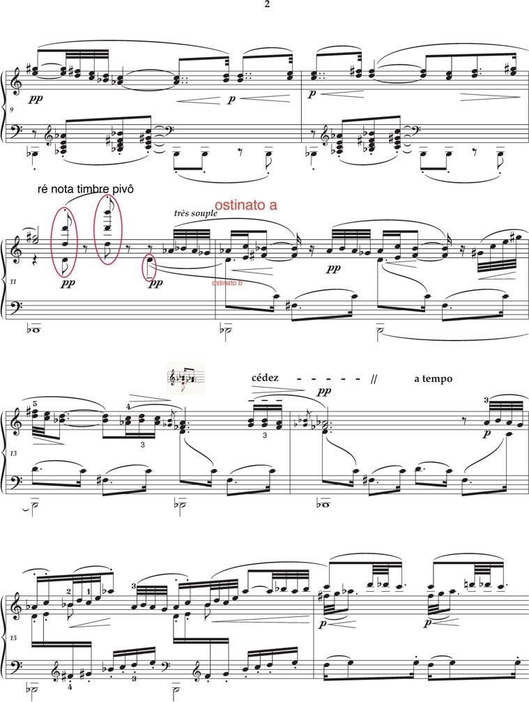 A nova nota som, r&eacute;, dois ostinatos em: Claude Debussy, Voiles. 
