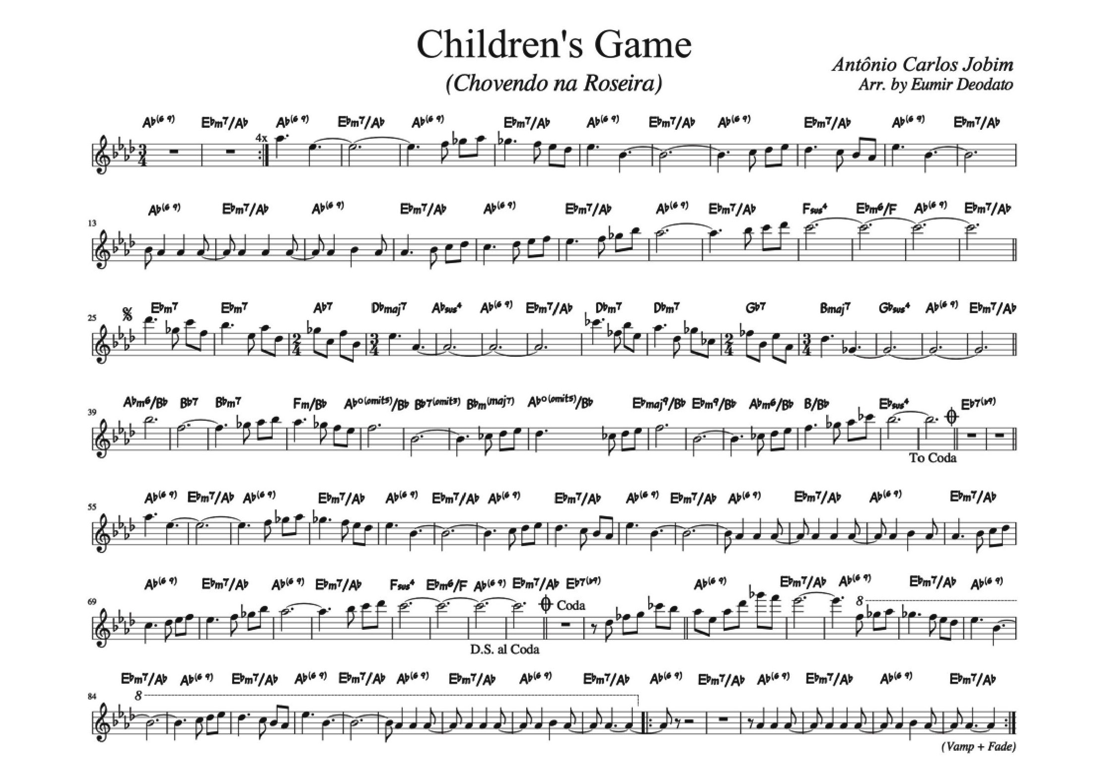 Fig. 13: Partitura no formato lead sheet editada a partir do manuscrito de Eumir Deodato, feito para a primeira gravação do tema instrumental Children’s Game de 1970 (posteriormente transformado na canção Chovendo na Roseira). 