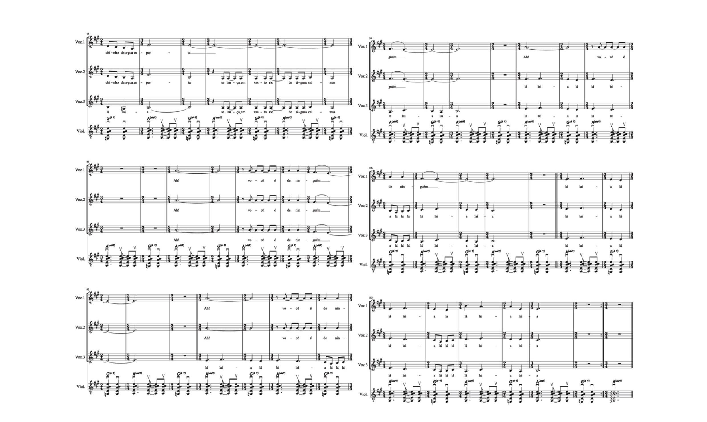 Fig. 14: Arranjo da canção Chovendo na Roseira, de Tom Jobim, para trio vocal feminino e violão (arranjo de Carlos R. F. Menezes Jr.)