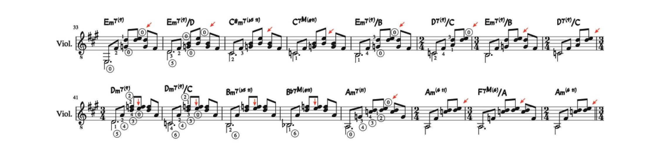 Fig. 23: Violão da seção B do arranjo vocal de Chovendo na Roseira com indicação da 1ª corda solta cumprindo a função de elemento pedal