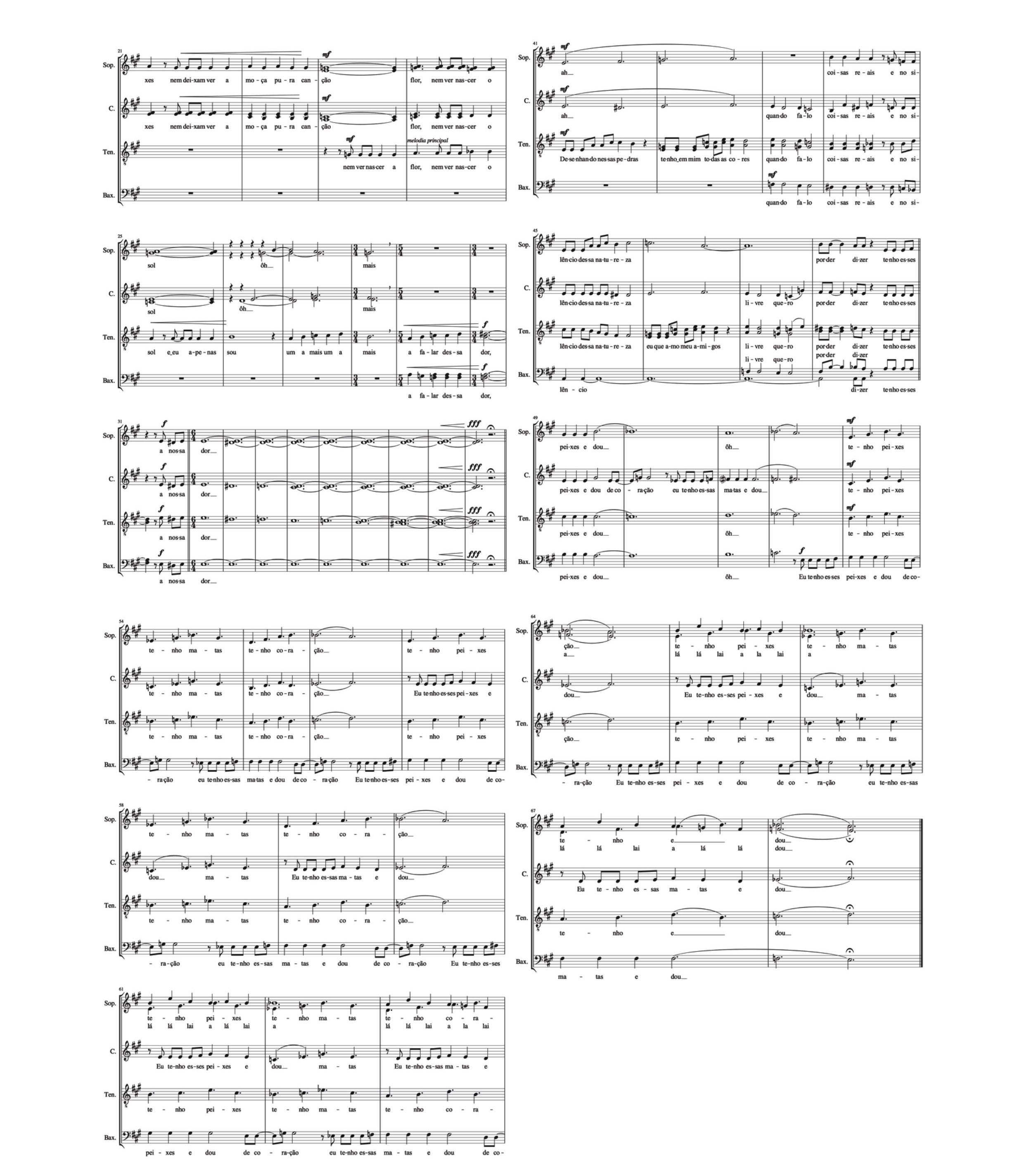 Fig. 3: Arranjo vocal da canção Milagre dos Peixes, de Milton Nascimento e Fernando Brant, para coro misto à capela (arranjo de Carlos R. F. Menezes Jr.)