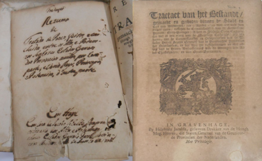  Índice manuscrito dos tratados e exemplo de tratado em língua holandesa, na Seção de Obras Raras da Biblioteca Fran Paxeco