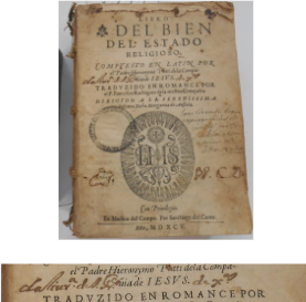Folha de rosto de Del Bien Del Estado Religioso, na Seção de Obras Raras da Biblioteca Fran Paxeco, com o detalhe da marca de propriedade “da livr.ª de S. Fr.co de X.as” 