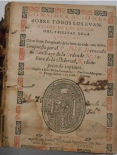 Folha
de rosto de Consideraciones sobre todos los Evangelhos, na Seção de Obras Raras da Biblioteca Fran Paxeco, com o detalhe da marca de propriedade “Da livr.ª de S. Bento de X.as” 