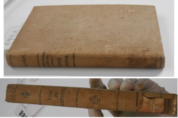 Detalhe da encadernação de Arte Minima,
de Manoel Nunes da Sylva (1704), e
da lombada de Arte do Cantochão, de Villa-Lobos (1688), ambos do acervo de obras raras da Biblioteca Fran Paxeco.