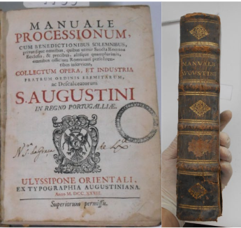 Folha de rosto e lombada do Manuale Processionum (1733), no acervo de obras raras da Biblioteca Fran Paxeco. Note-se a marca de proveniência: “N.sa S. Da Graça de Lyx.a”.