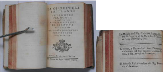 Exemplo de libreto de obra representada no Teatro da Rua dos Condes, em Lisboa, no segundo volume da encadernação 

Opere Varie ([17--]b) que integra a coleção especial de obras raras da Biblioteca Fran Paxeco. Note-se a indicação do compositor.