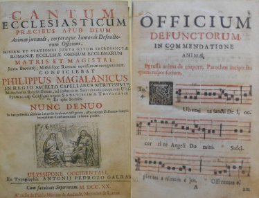 Detalhes da folha de rosto e primeira página de música do manual Cantum Ecclesiasticum, de Filipe de Magalhães, recolhido à Coleção de Obras Raras da Biblioteca Pública Estadual de Minas Gerais