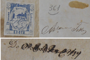  Detalhes das marcas de propriedade e de proveniência do exemplar de Hymnologia Sacra (ASSUMPÇÃO, 1738), que integra a Coleção de Obras Raras da Biblioteca Pública Estadual de Minas Gerais. 

 