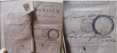 Graduale Romanum (1862) e detalhe das marcas de propriedade: inicação manuscrita “do Gremio Litt° Portuguez” datada de 1871 e carimbo úmido posterior.