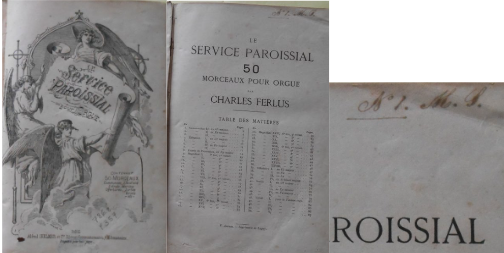Le Service Paroissial, de Charles Ferlus, do acervo da Biblioteca Fran Paxeco e o detalhe da anotação manuscrita em seu sumário, sugerindo ser o primeiro item de uma possível coleção.