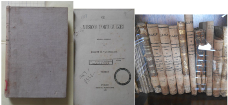 Encadernação e folha de rosto de Os Musicos Portuguezes, de Joaquim de Vasconcellos (1870), na Biblioteca Fran Paxeco. 

Detalhe do padrão de encadernação nas estantes.