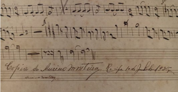 Documento musical escrito na cidade de Recife (PE). Neste exemplo, o autor se identifica na qualidade de copista.