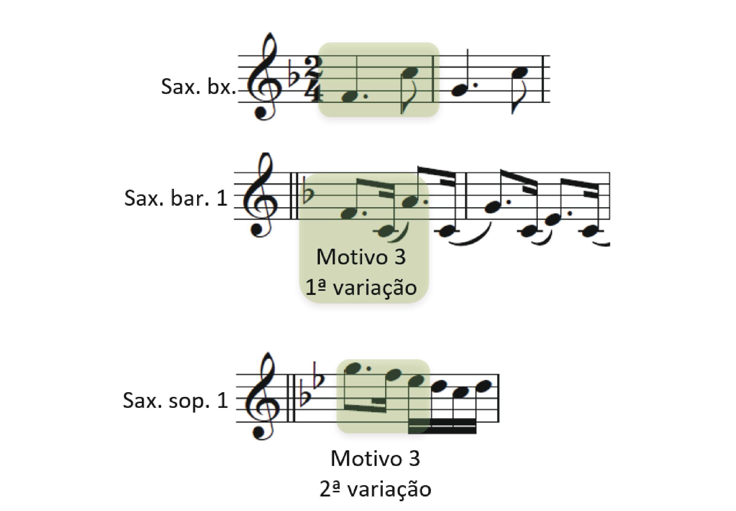 Fig. 11: Motivo 3 - Cantigas e danças dos pretos. Sax baixo 1 (c. 1), sax barítono (c. 23 – 24) e sax soprano 1 (c. 27).