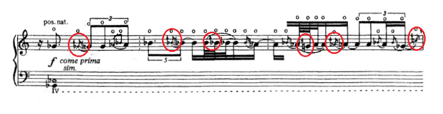 Trecho extraído do primeiro movimento (p.2, compassos 24-26) da Puneña n.º 2, Op. 45