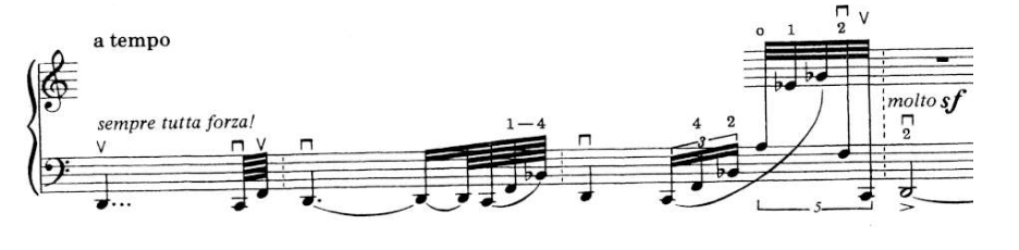 Trecho extraído do primeiro movimento (p.2, compassos 10-13) da Puneña n.º 2, Op. 45