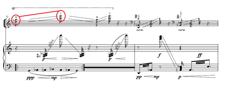Trecho extraído do Concerto n.º 1 para Violoncelo e Orquestra (p.19, compassos 75-76 do segundo movimento)