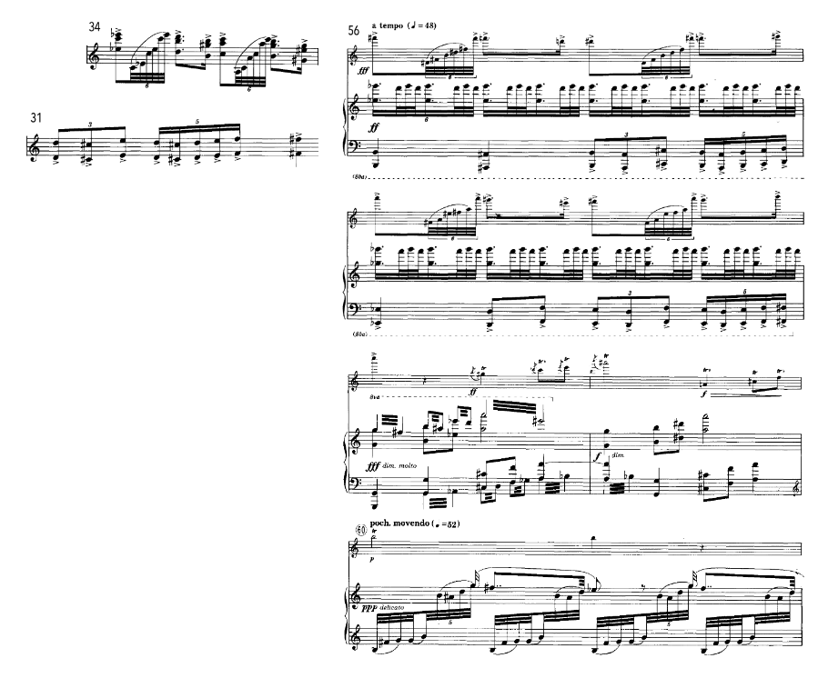 Textura composta por três camadas no clímax do
primeiro movimento. Liebermann, Sonata para flauta e piano Op. 23, I (comp. 56-60).