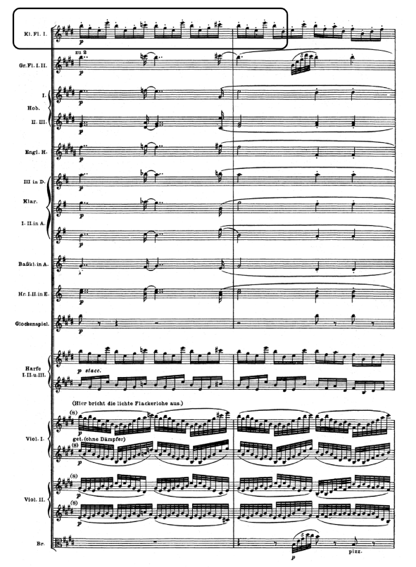 Início da frase de despedida de Wotan e, mais adiante, figuração que remete ao anel de fogo mágico que marca sua partida. R. Wagner, Die Walküre, ato III, Sehr bewegt, Sehr lebhaft, Brünnhilde (stürzt auf ihre Knie, comp. 90-93) e Mäßig bewegt (comp. 

28-29