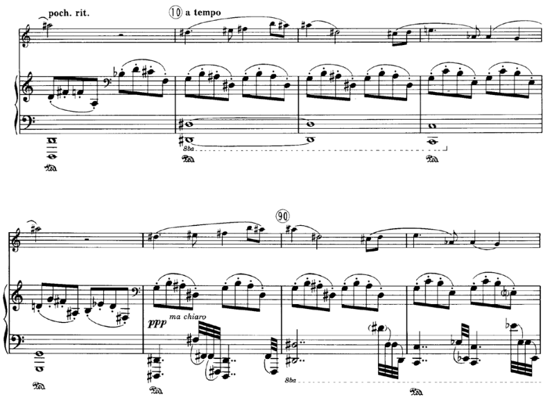 Poucas diferenças entre a exposição e a recapitulação. Liebermann, Sonata para flauta e piano Op. 23, I (comp. 9-12, 88-91).