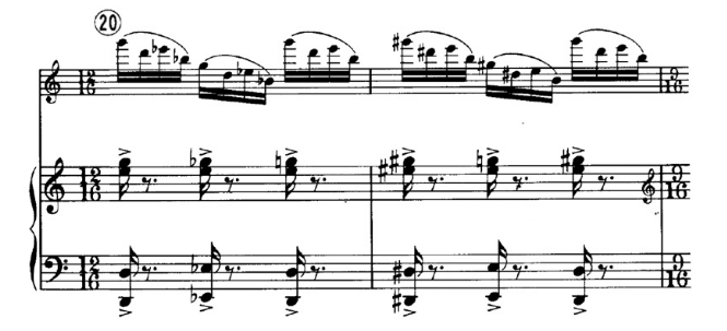 Hemíola presente no segundo movimento. Liebermann, Sonata para flauta e piano Op. 23, II (comp. 20-21).