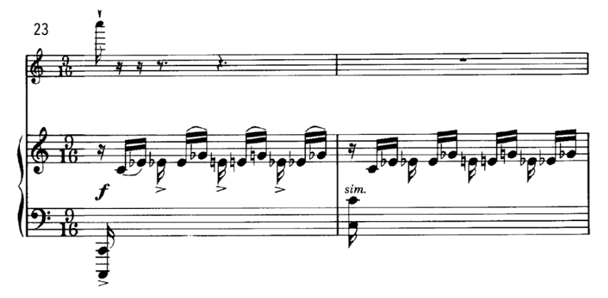No início da seção B, centralidade em Dó e alternância entre as terças maior e menor. Liebermann, Sonata para flauta e piano Op. 23, II (comp. 23-24).