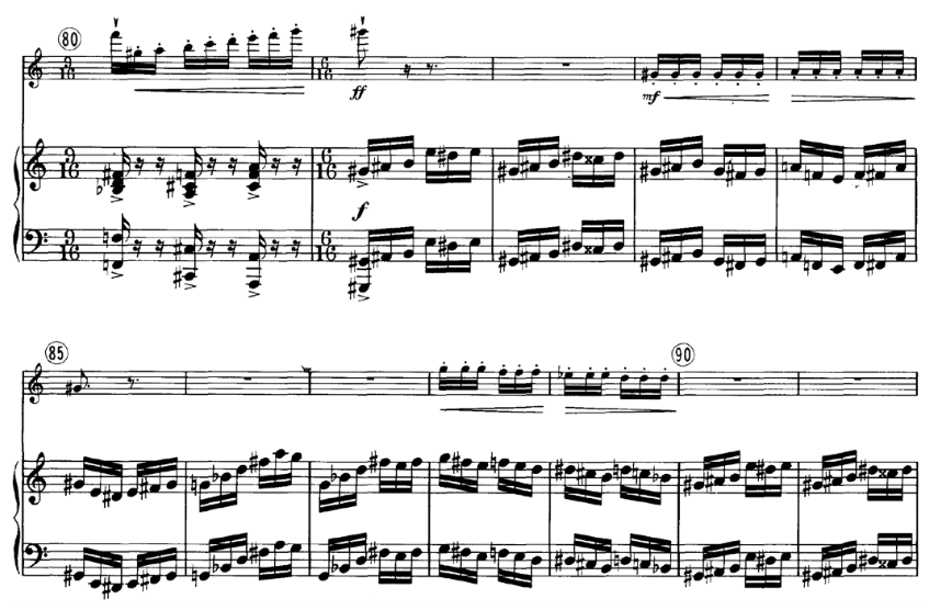 Na seção C (comp. 81-101), o protagonismo passa para o piano. Liebermann, Sonata para flauta e piano Op. 23, II (comp. 80-91).
