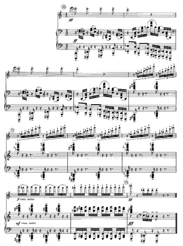 Sobreposições, com dinâmica e articulações intensas na coda do segundo movimento. Liebermann, Sonata para flauta e piano Op. 23, II (comp. 165-175).