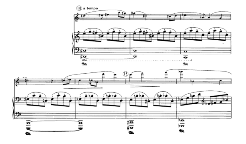 Segunda frase semelhante à primeira, mas com objetivo harmônico distinto. Liebermann, Sonata para flauta e piano Op. 23, I (comp. 10-16).