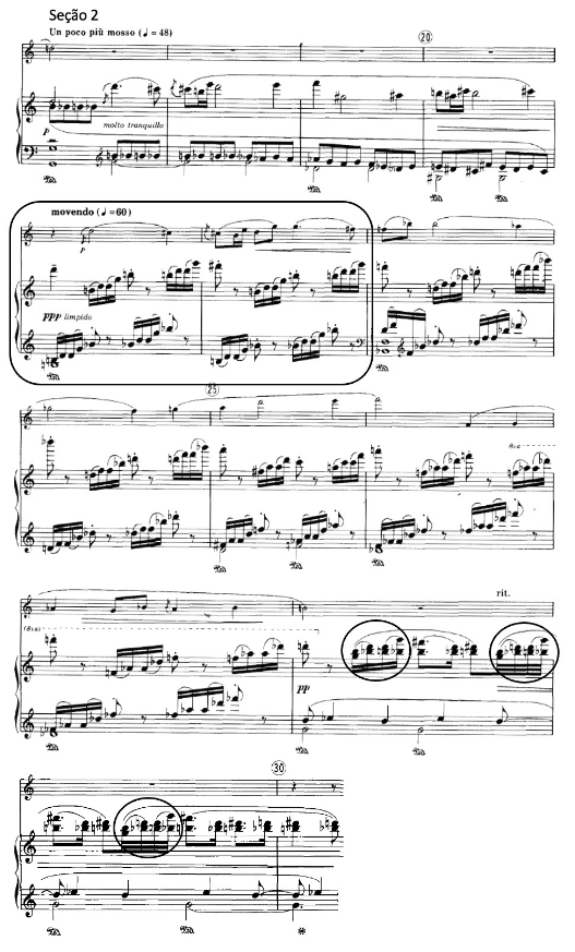 Na seção 2, apresentação do Tema B pelo piano (comp. 17-20) e pela flauta (comp. 21-28) e ambiguidade entre Sol maior, Sol menor e Sol lídio (comp. 21-22). Liebermann, Sonata para flauta e piano Op. 23, I (comp. 17-30).